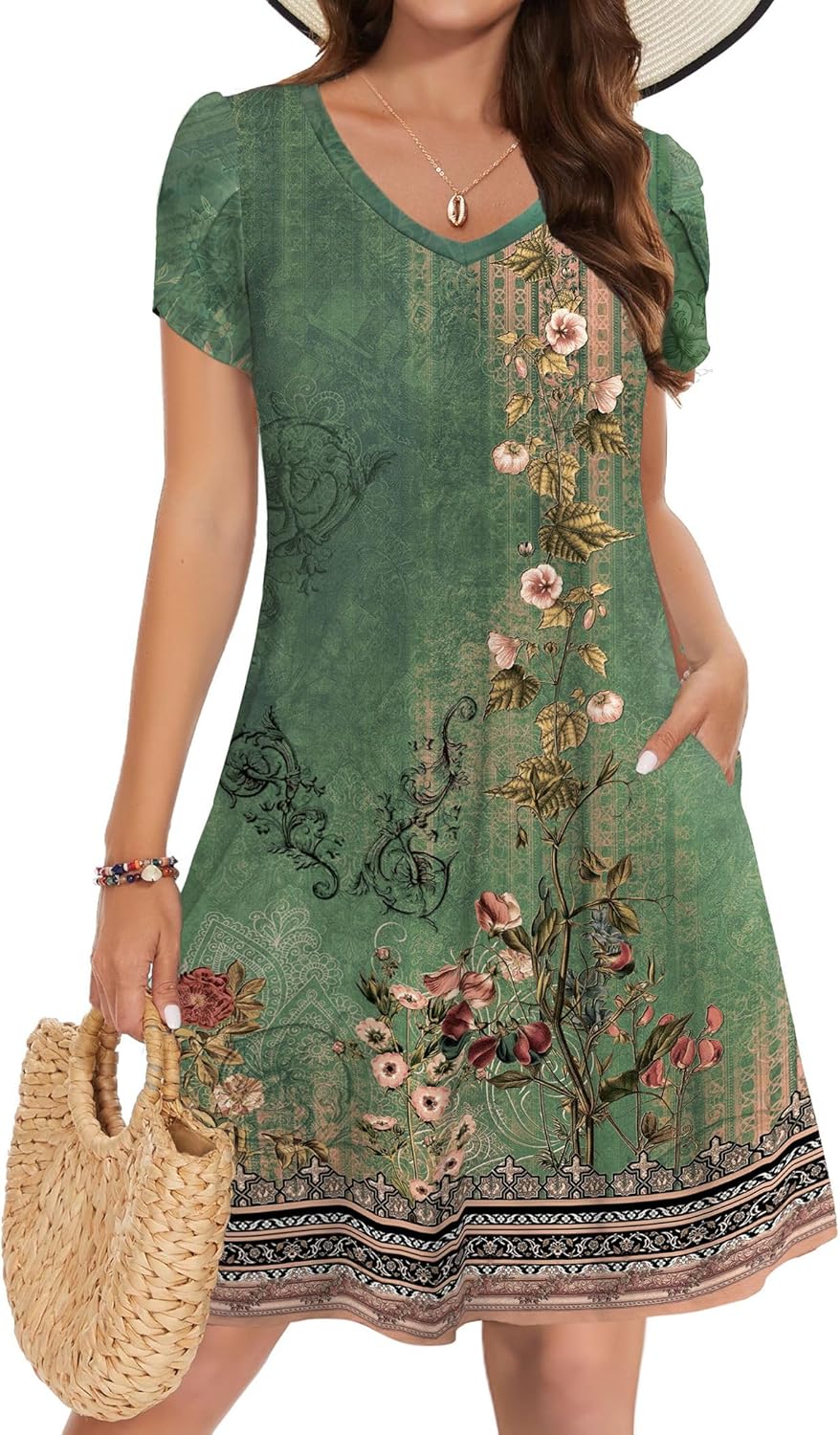 Womens Summer A-Line Dress with Pockets Mini Short Sleeve Dresses Flowy Beach Swing Dress 2025 Vacation Travel