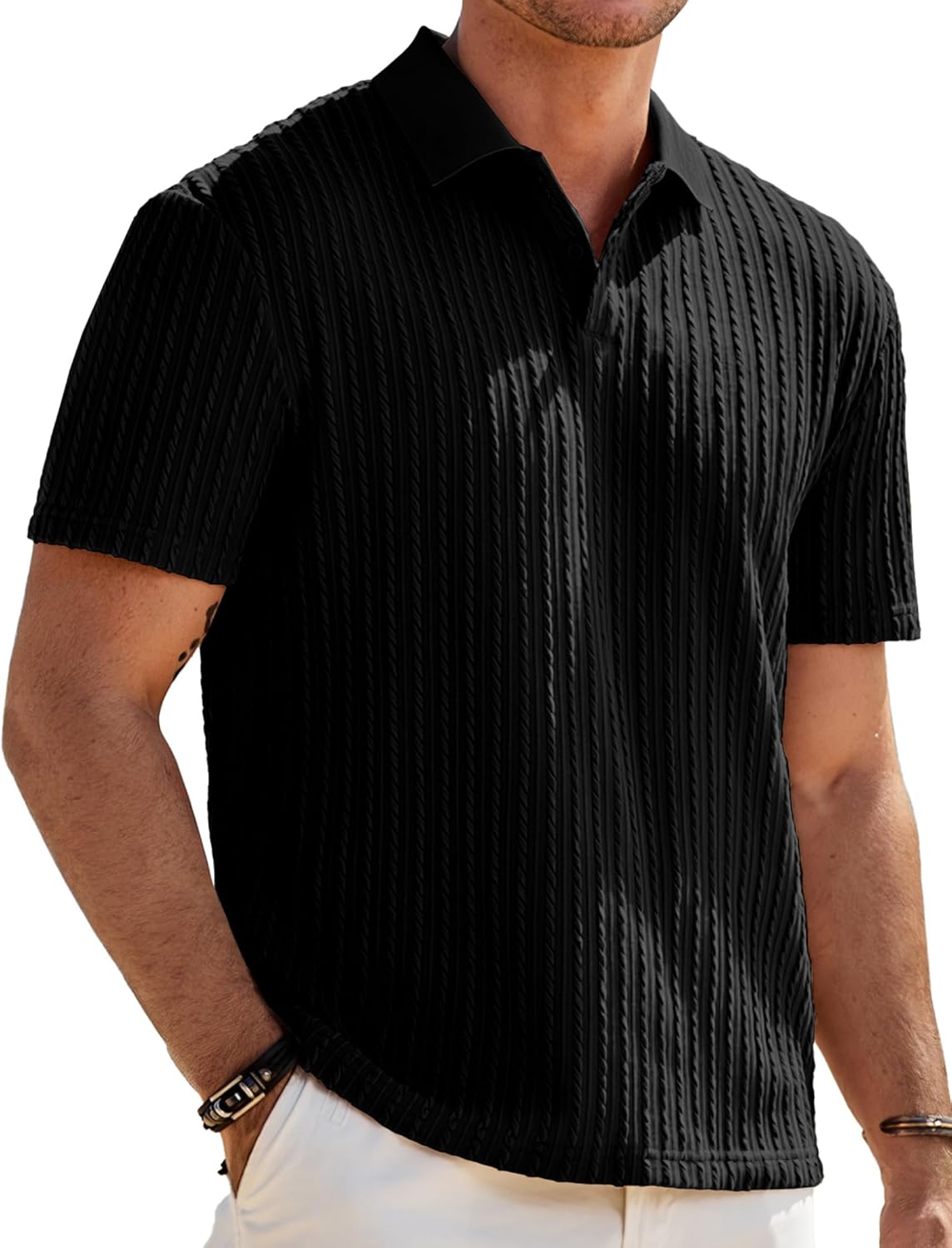 Mens Casual Polo Shirt Summer Short Sleeve Vacation Button Beach Knit Stretchy Golf Shirts