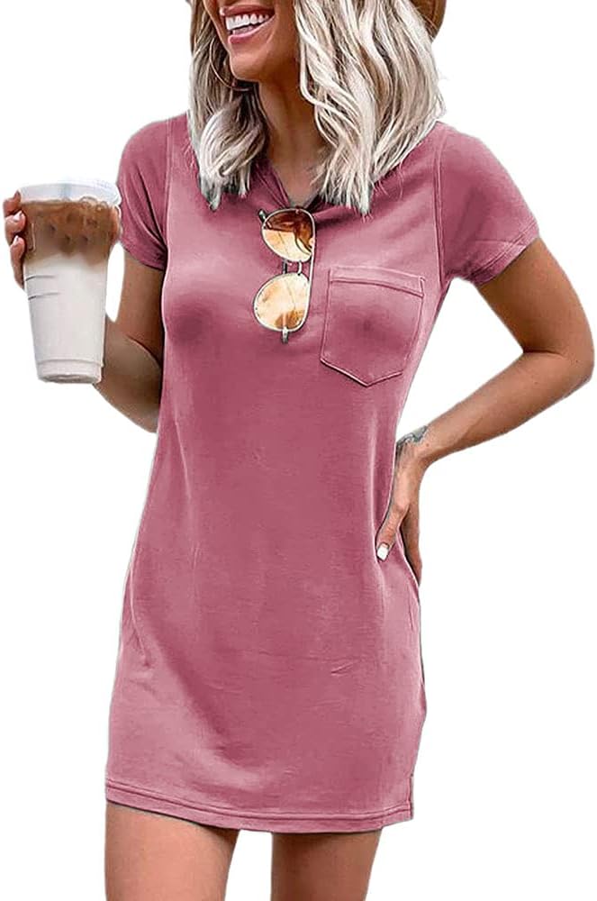 Women T Shirt Dress Summer Fashion Mini Dress Crew Neck Short Sleeve Dress Solid Color Casual Dress with Pocket