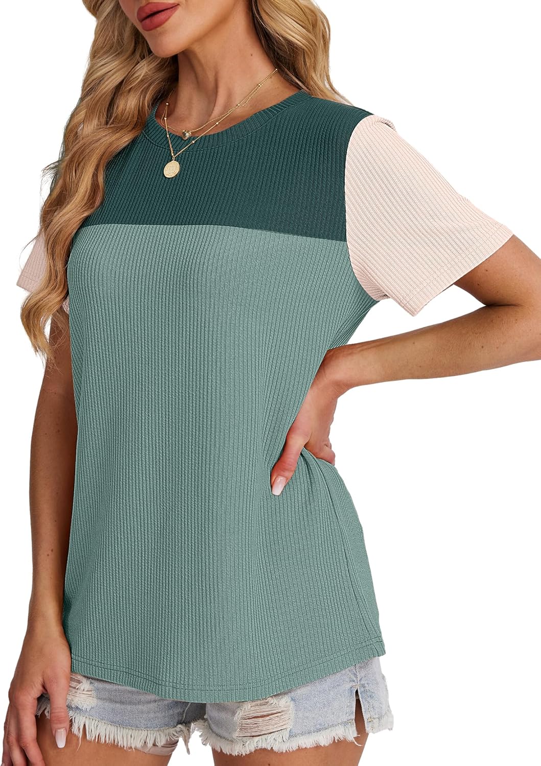 Womens Fashion 2025 Color Block Shirts Short Sleeve Crewneck Knitted Spring Summer Tops Casual Trendy