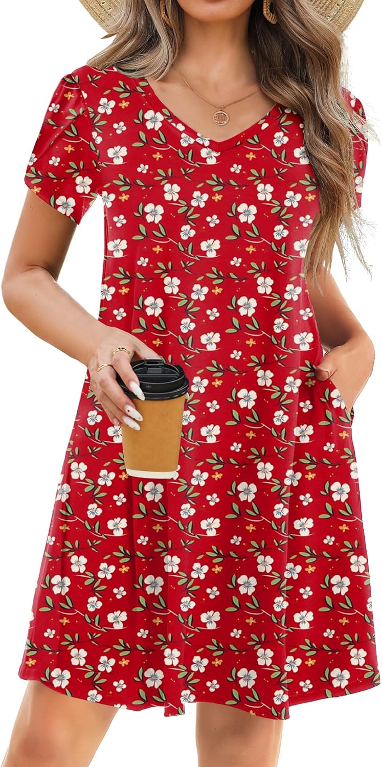 Womens Summer A-Line Dress with Pockets Mini Short Sleeve Dresses Flowy Beach Swing Dress 2025 Vacation Travel