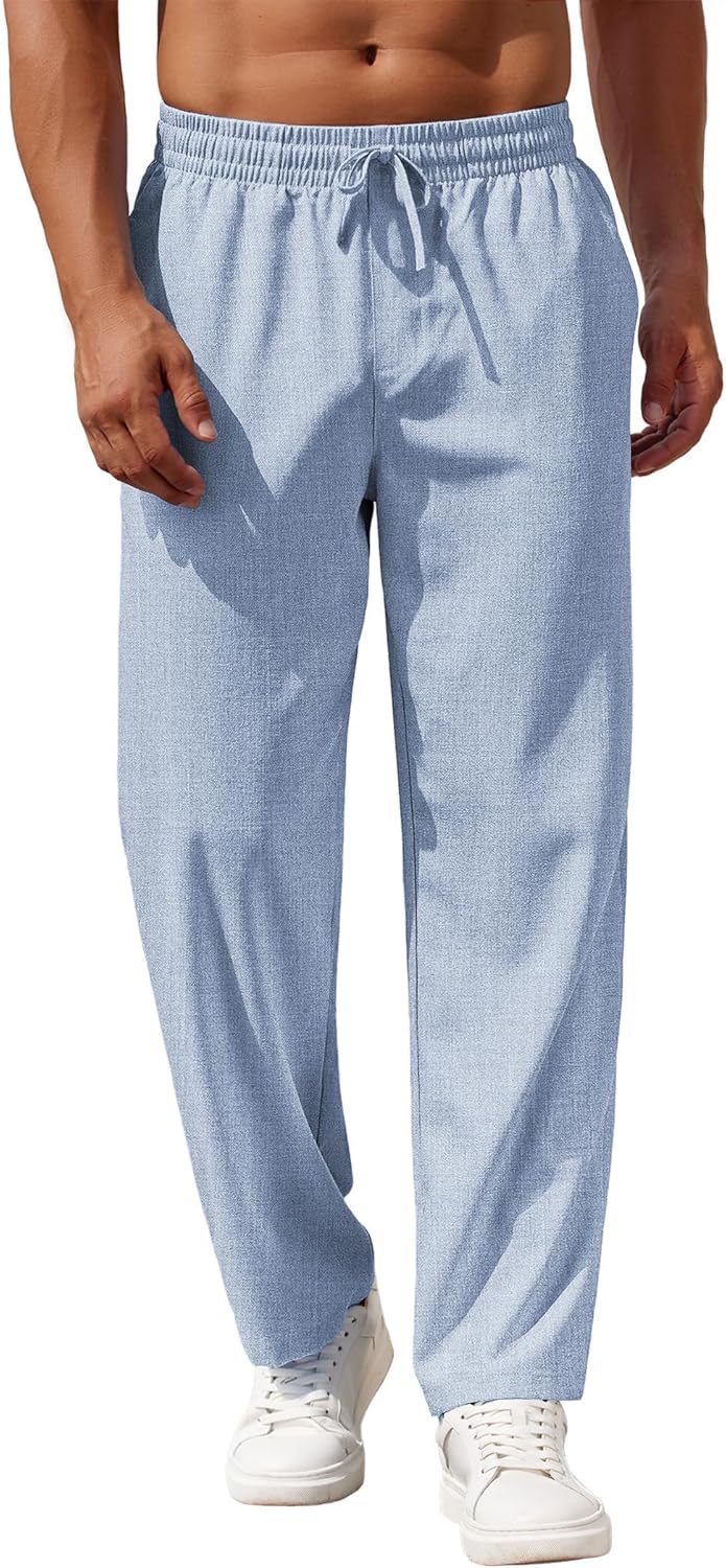 Mens Casual Pants Drawstring Elastic Waist Pants Linen Summer Beach Pants