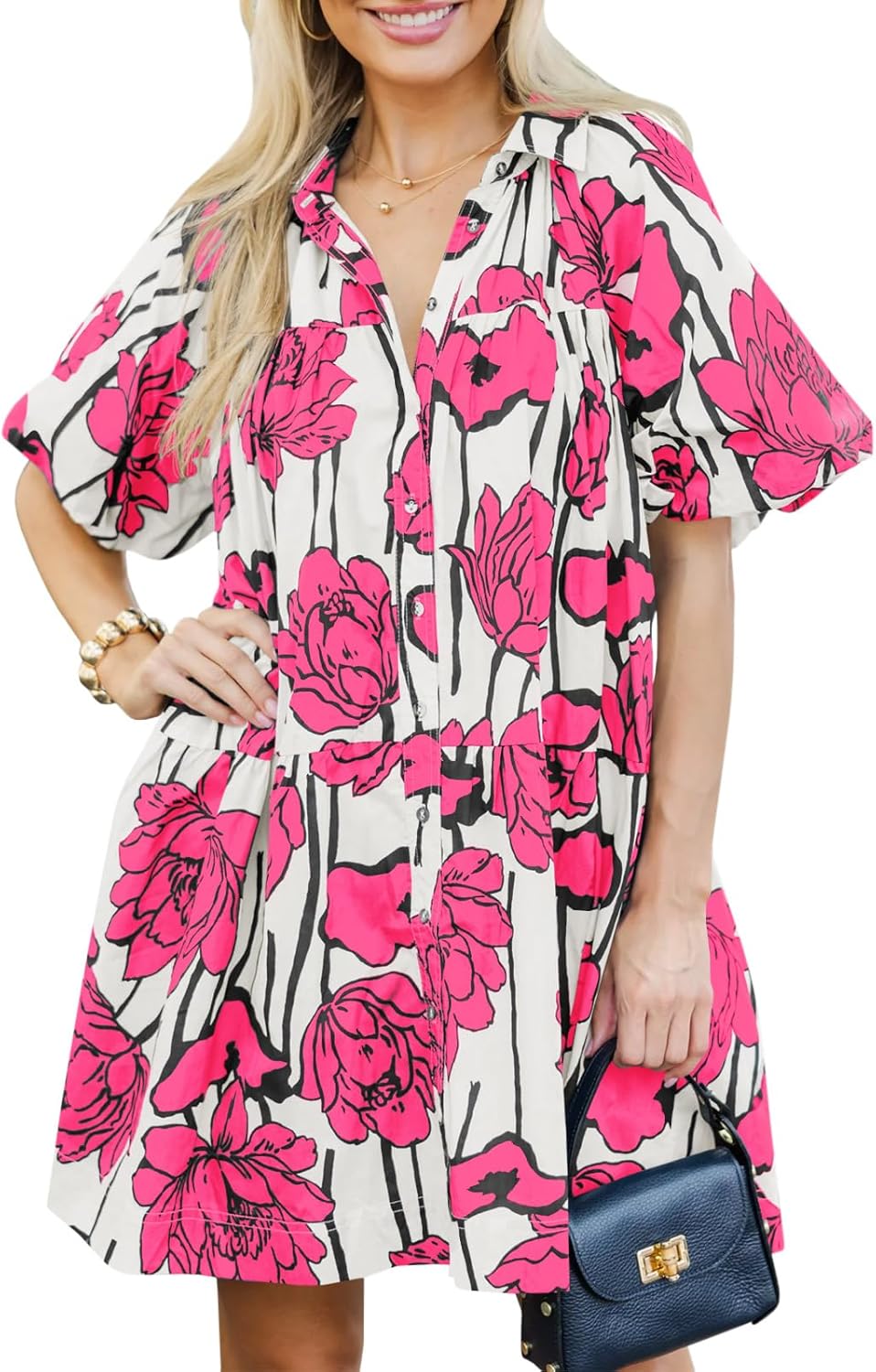 Women's Summer Button Down Shirt Dress Floral Puff Short Sleeve Casual Loose Fit Beach Mini Dresses