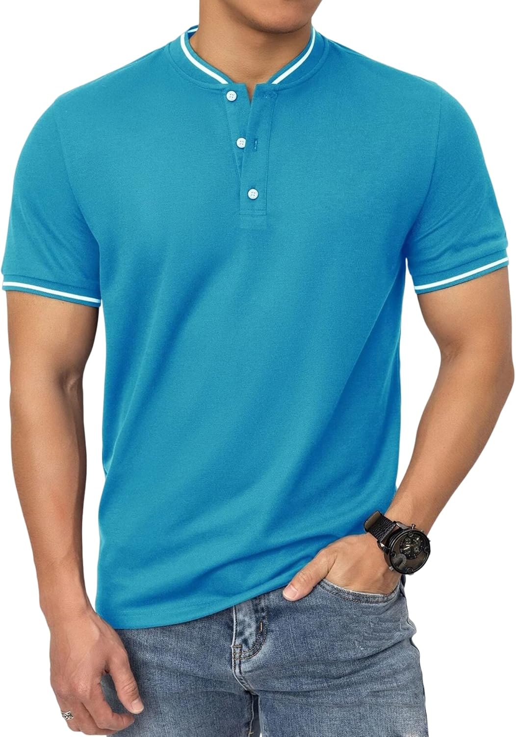 Men's Polo Shirts Casual Short Sleeve Cotton Pique Polo T Shirts Classic Collarless Golf Shirts for Men