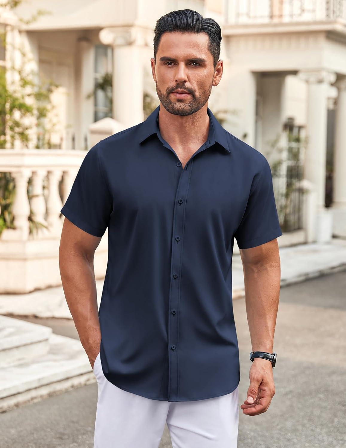 Men's Button Down Shirt Short Sleeve Dress Shirt Casual Beach Summer Wedding Shirt