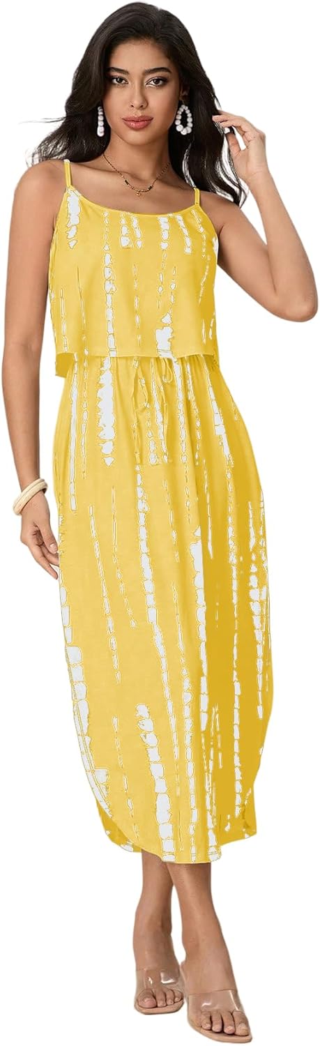 Women's Spaghetti Strap Tie Dye Cami Dress Scoop Neck Split Thigh Midi Dresses Knot Front Sun Dresses