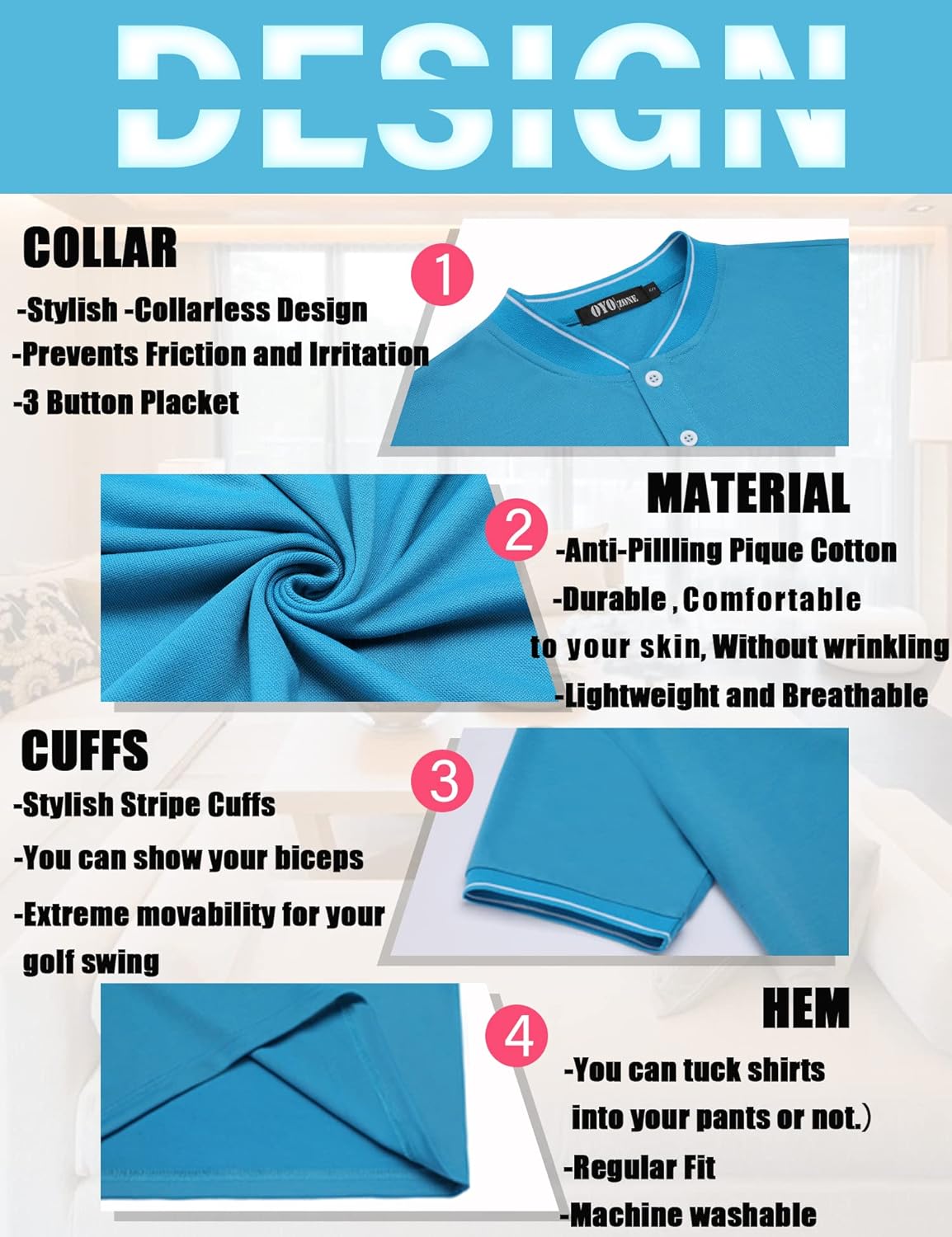 Men's Polo Shirts Casual Short Sleeve Cotton Pique Polo T Shirts Classic Collarless Golf Shirts for Men