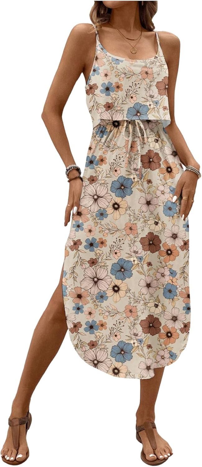 Women's Spaghetti Strap Tie Dye Cami Dress Scoop Neck Split Thigh Midi Dresses Knot Front Sun Dresses