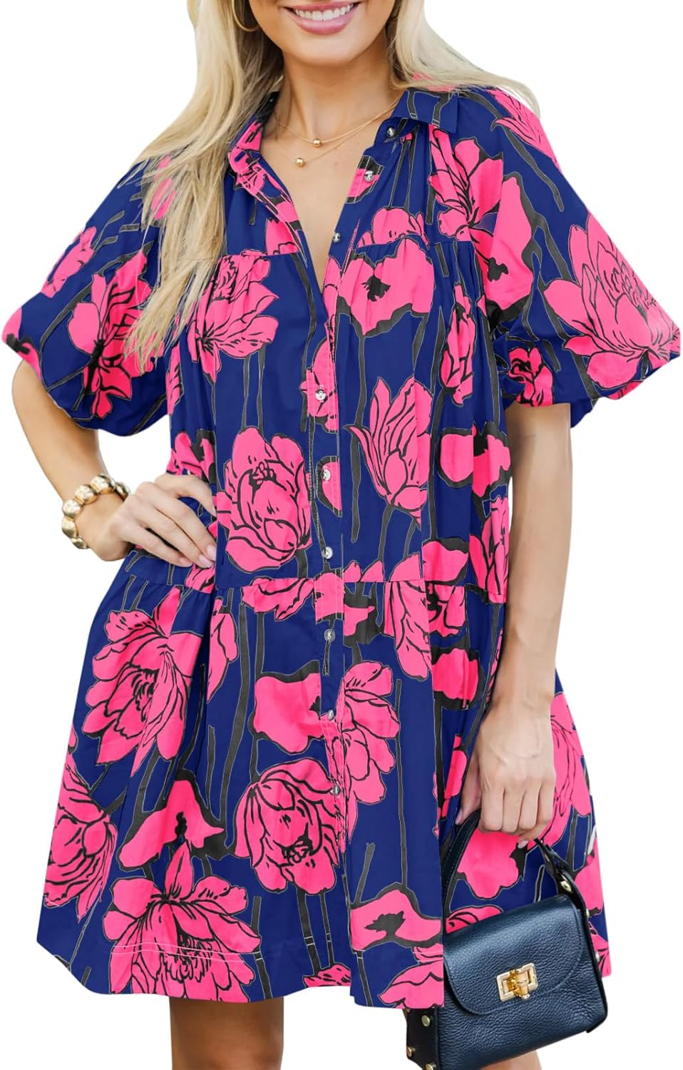 Women's Summer Button Down Shirt Dress Floral Puff Short Sleeve Casual Loose Fit Beach Mini Dresses
