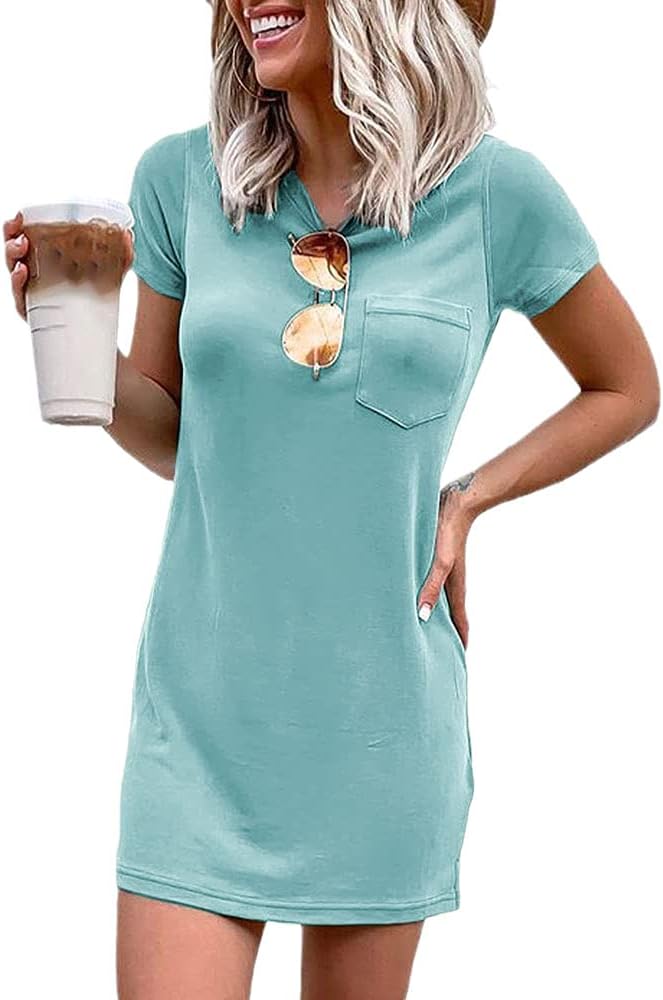 Women T Shirt Dress Summer Fashion Mini Dress Crew Neck Short Sleeve Dress Solid Color Casual Dress with Pocket