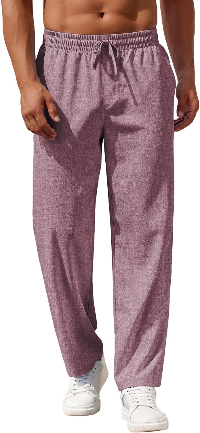 Mens Casual Pants Drawstring Elastic Waist Pants Linen Summer Beach Pants