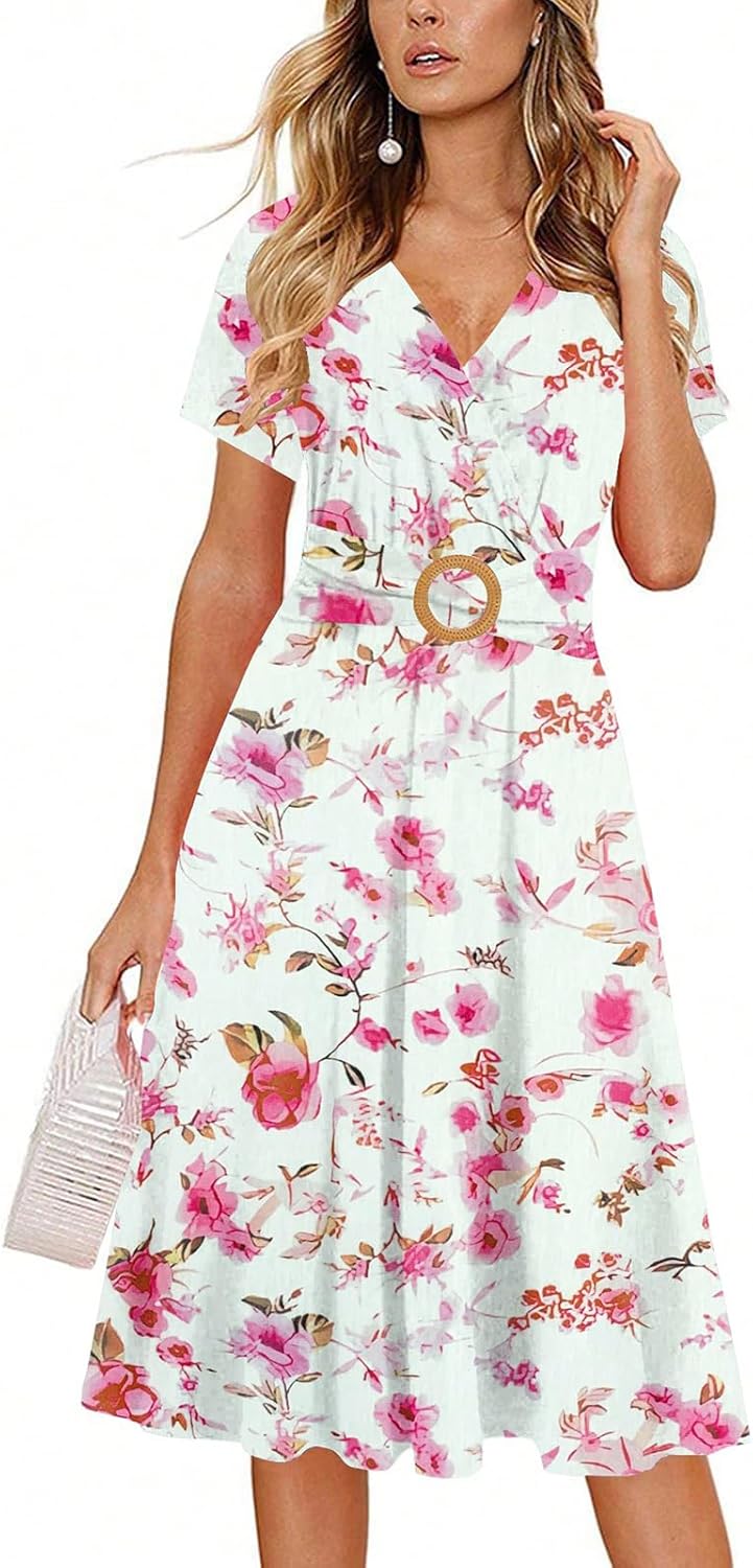 Women's Elegant Criss-Cross V Neck Vintage Short Sleeve Work Casual Fit and Flare Tea Dress with Pockets