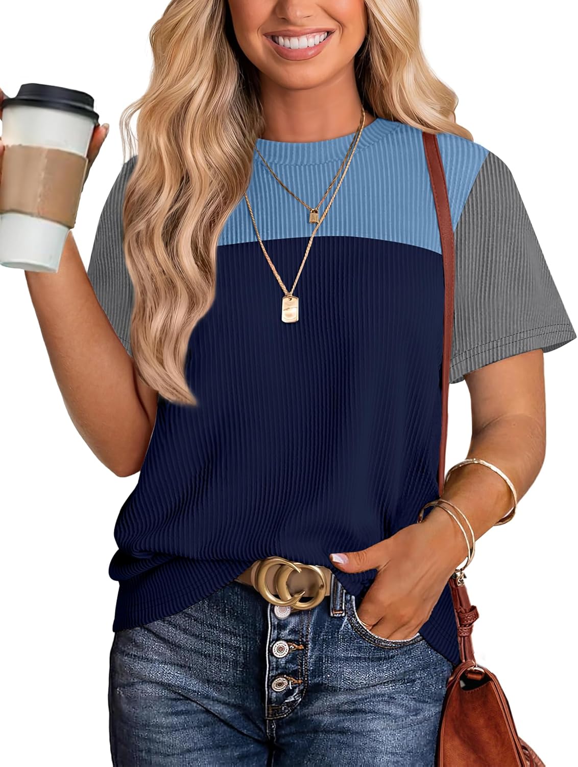 Womens Fashion 2025 Color Block Shirts Short Sleeve Crewneck Knitted Spring Summer Tops Casual Trendy