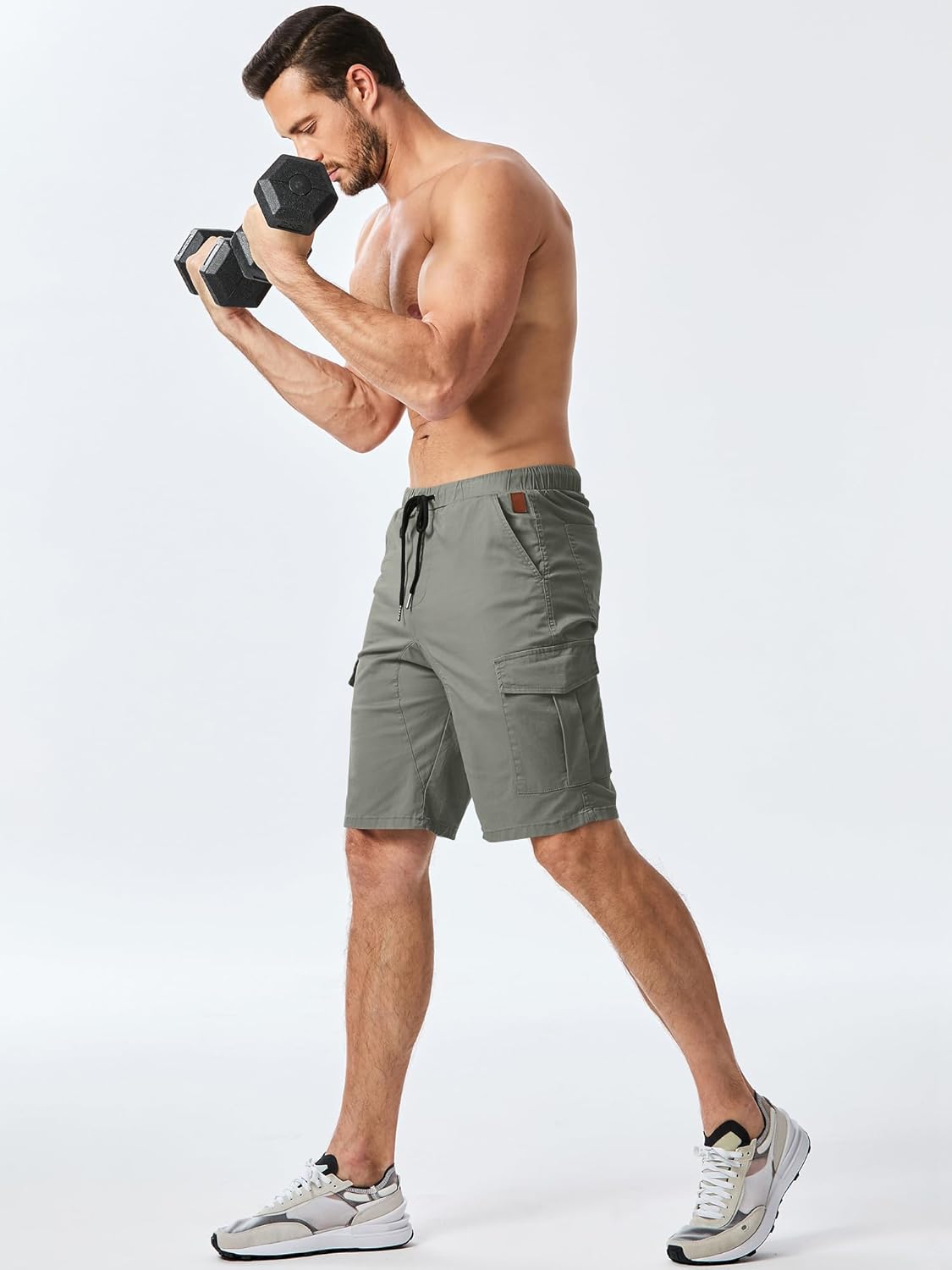 Mens Casual Cargo Shorts - Cotton Drawstring Stretch Summer Beach Shorts Twill Chino Short with 6 Pockets