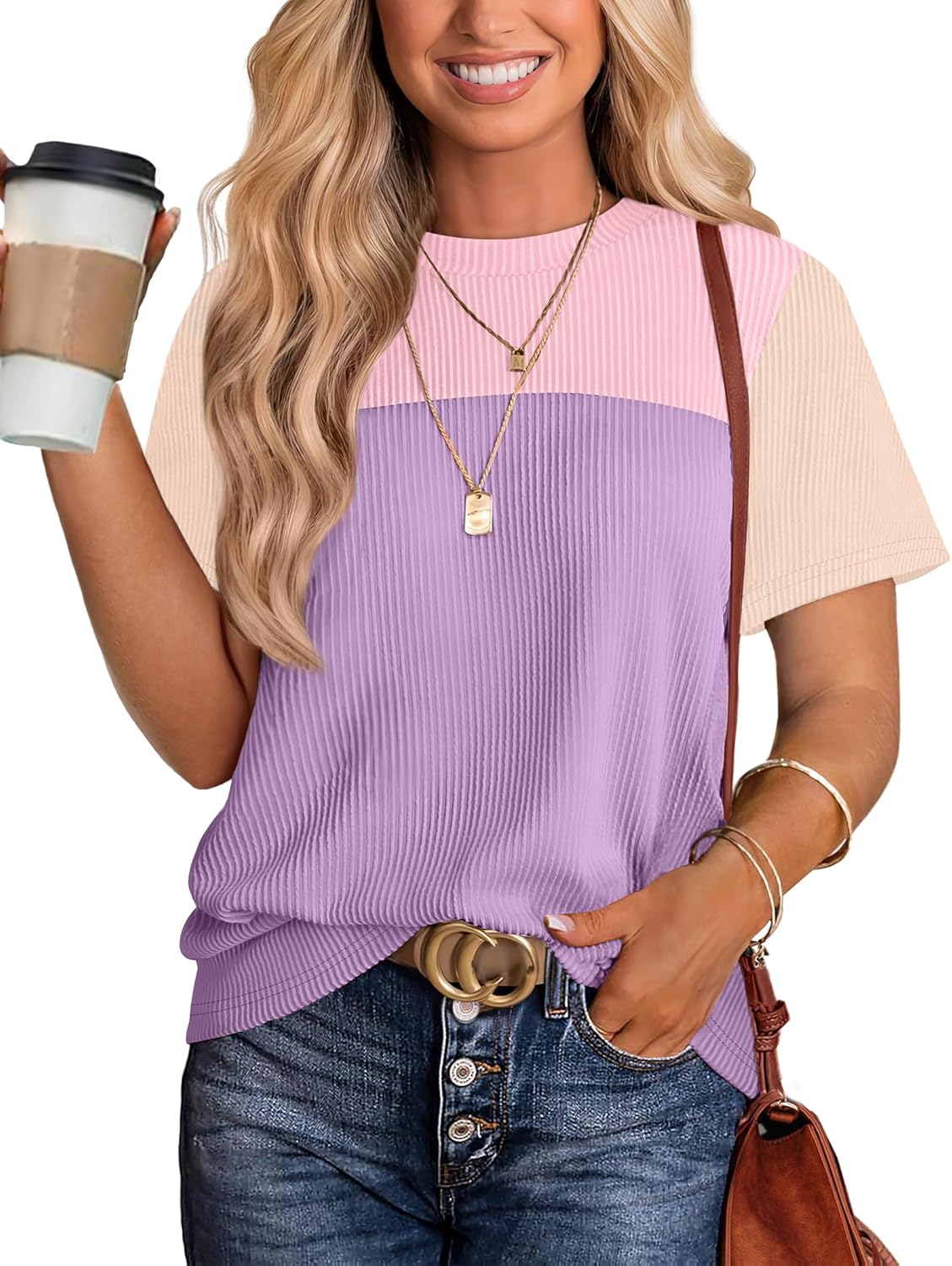 Womens Fashion 2025 Color Block Shirts Short Sleeve Crewneck Knitted Spring Summer Tops Casual Trendy