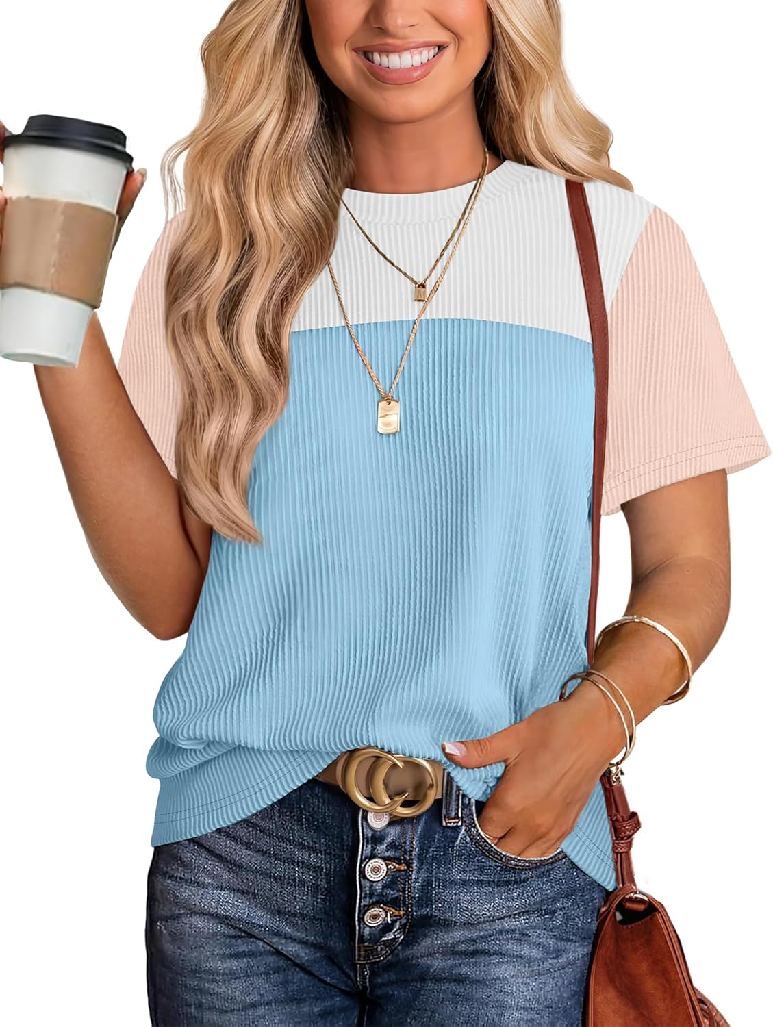 Womens Fashion 2025 Color Block Shirts Short Sleeve Crewneck Knitted Spring Summer Tops Casual Trendy