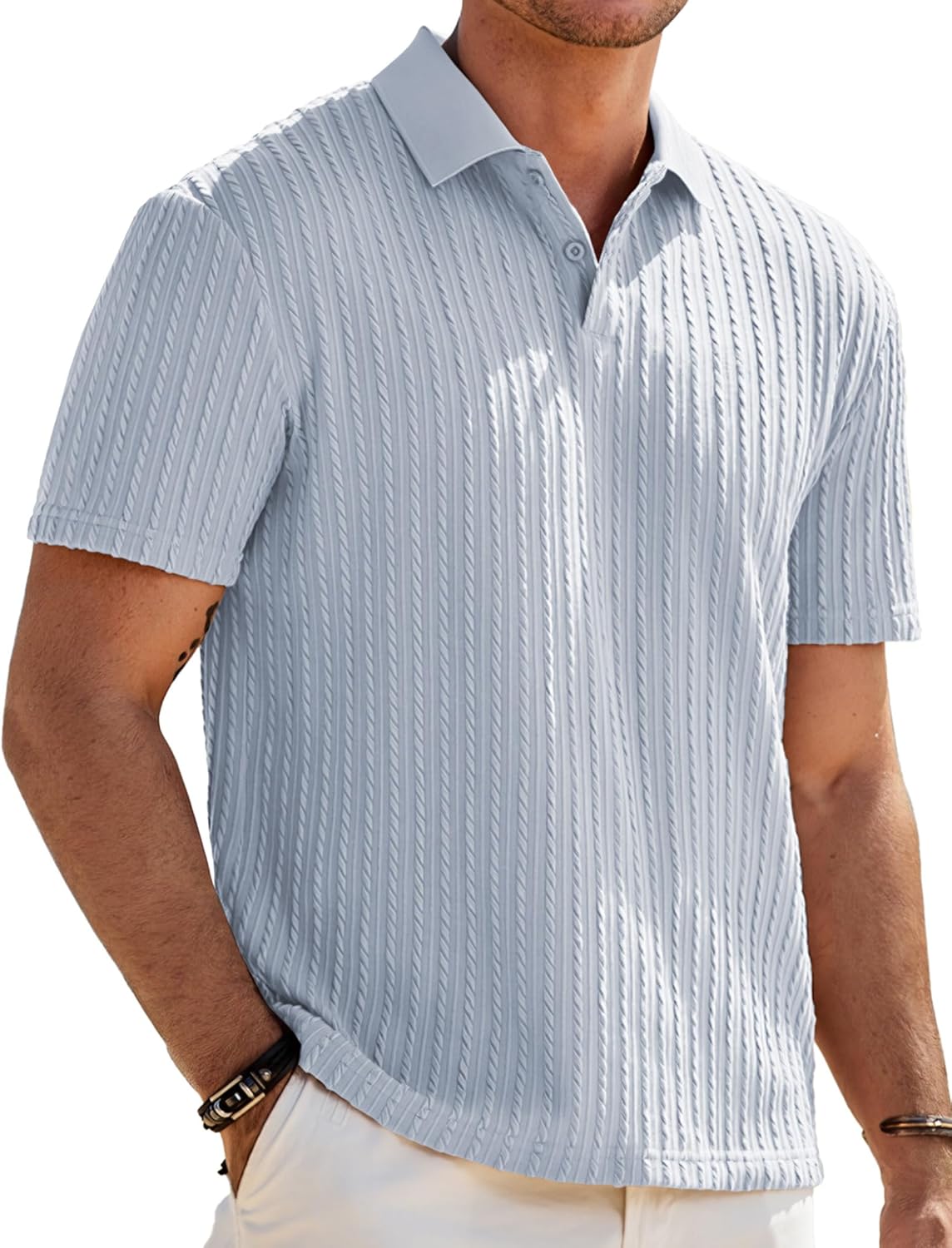 Mens Casual Polo Shirt Summer Short Sleeve Vacation Button Beach Knit Stretchy Golf Shirts