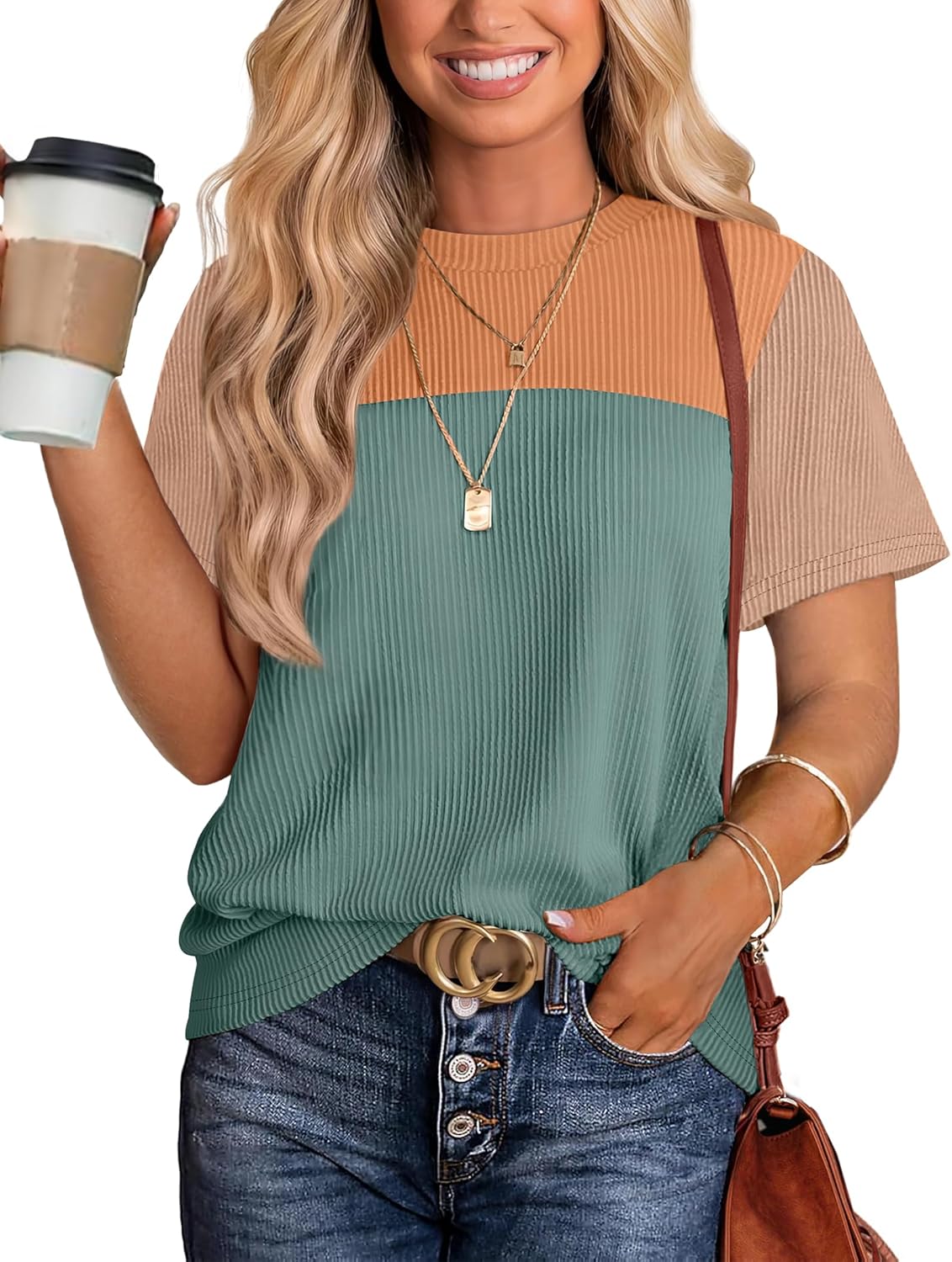 Womens Fashion 2025 Color Block Shirts Short Sleeve Crewneck Knitted Spring Summer Tops Casual Trendy