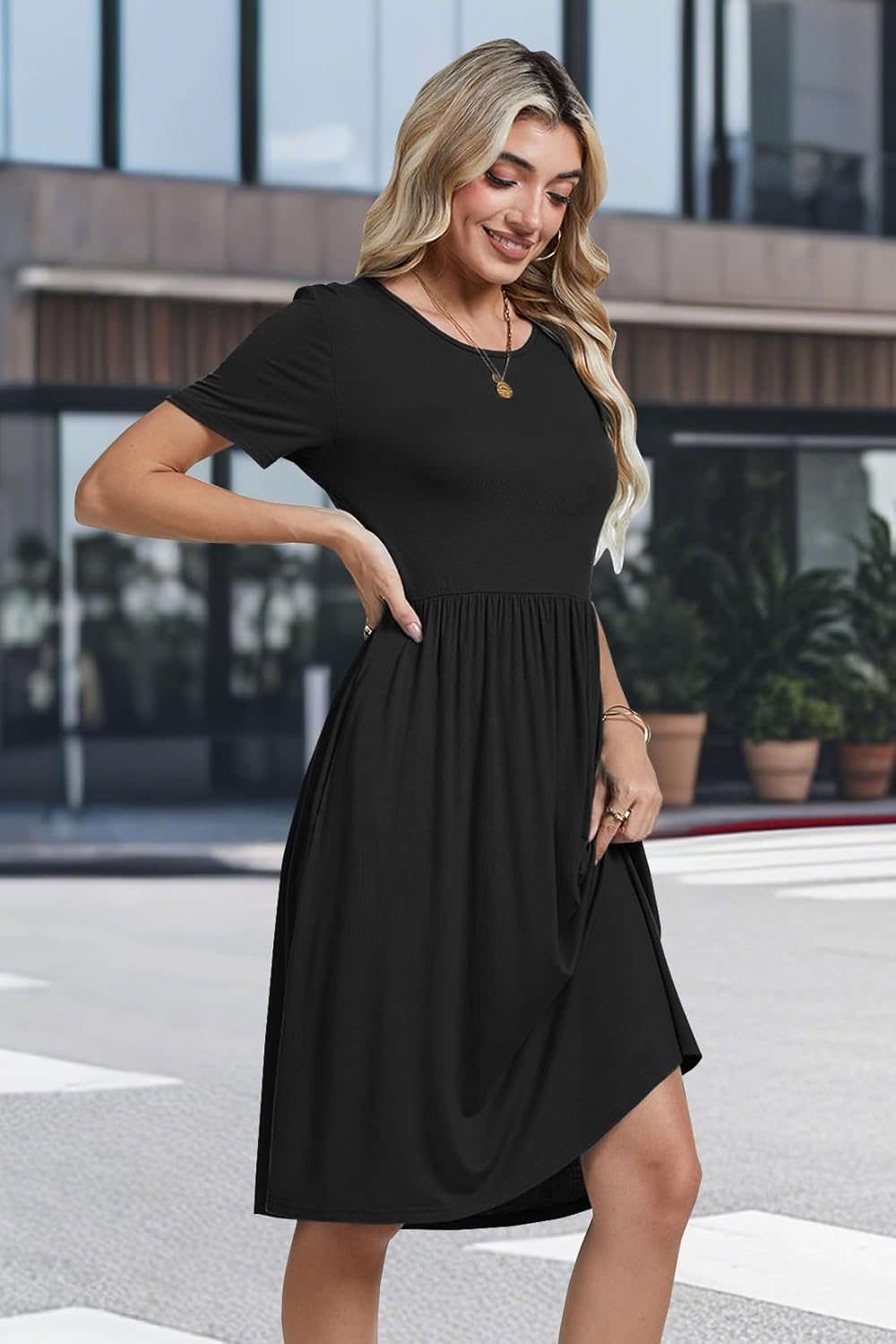 Womens Short Sleeve Empire Waist Dresses Casual Summer Dress with Pockets