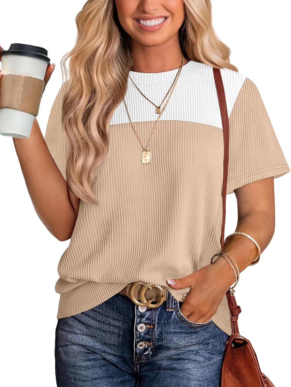Womens Fashion 2025 Color Block Shirts Short Sleeve Crewneck Knitted Spring Summer Tops Casual Trendy