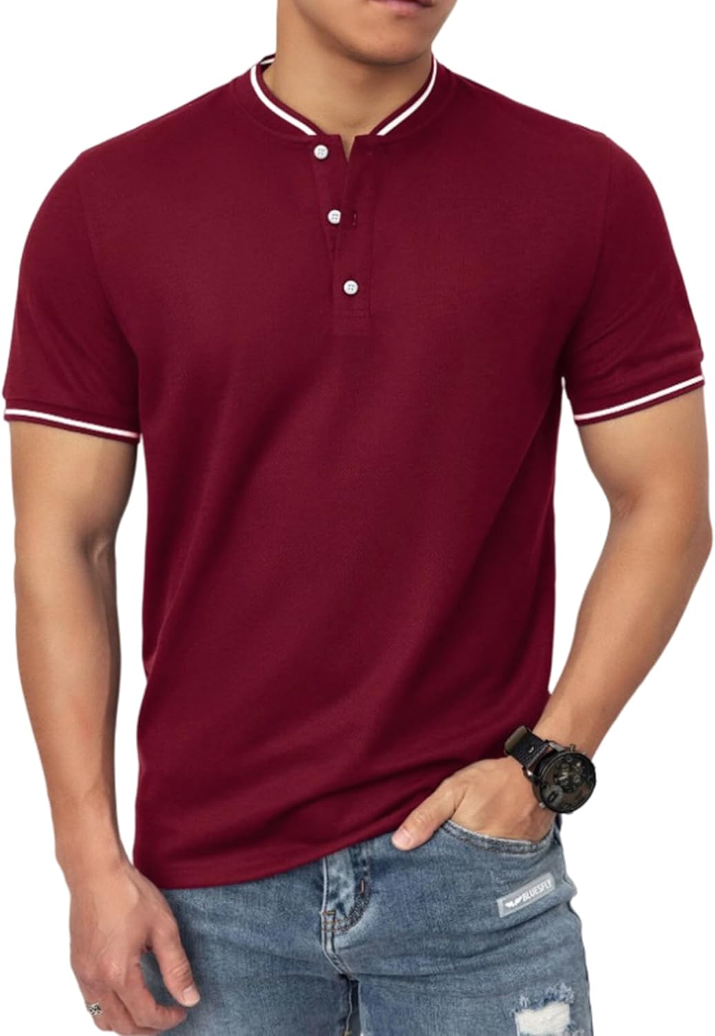 Men's Polo Shirts Casual Short Sleeve Cotton Pique Polo T Shirts Classic Collarless Golf Shirts for Men