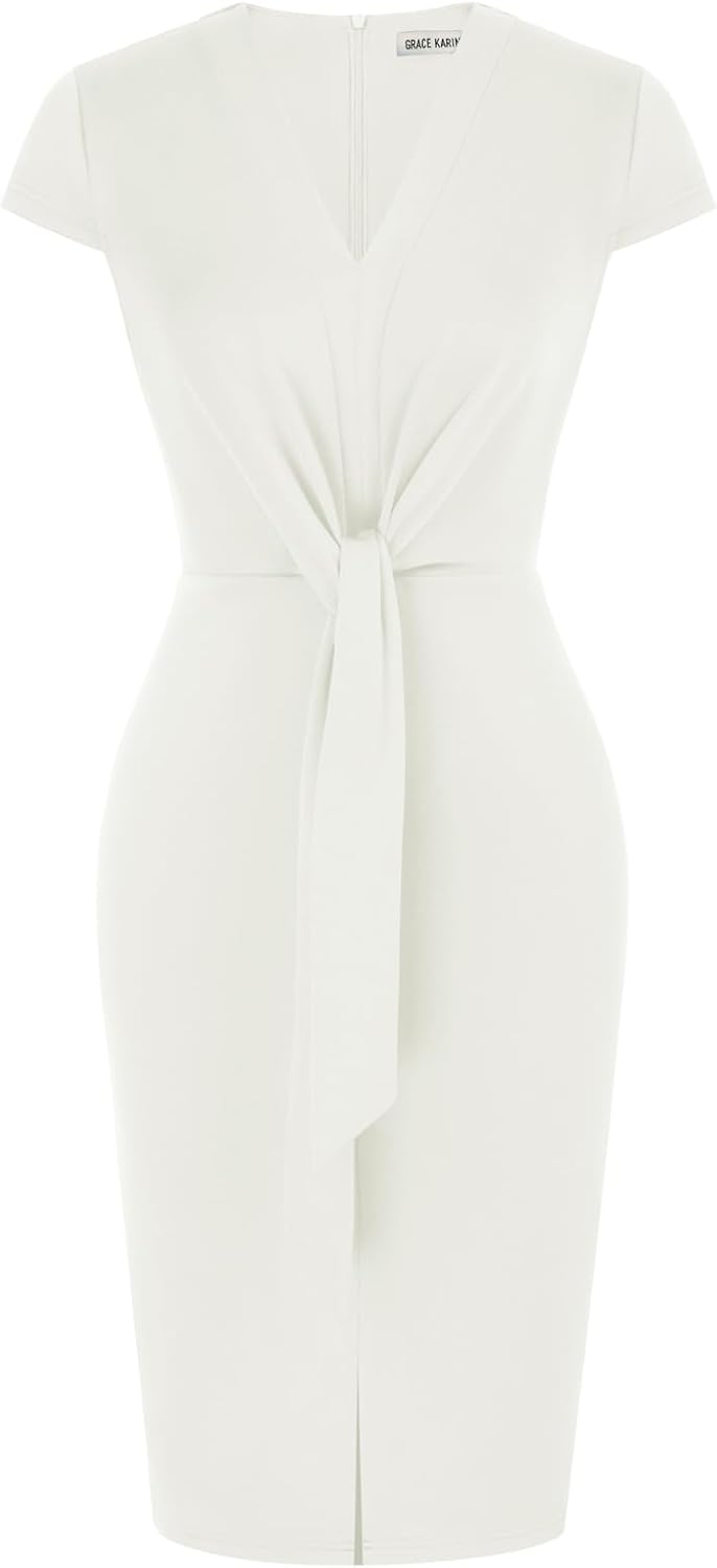 Women's Summer Midi Dresses Cap Sleeve Tie Waist Work Dress Slit V-Neck Bodycon Dress Business Casual Outfits