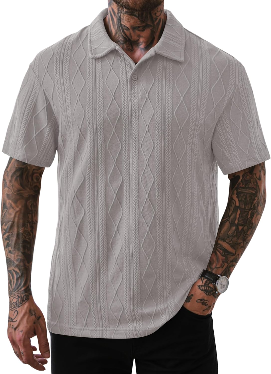 Mens Textured Knit Polo Shirts Loose Fit Stretch Casual Summer Collared Shirt (S-XXL)