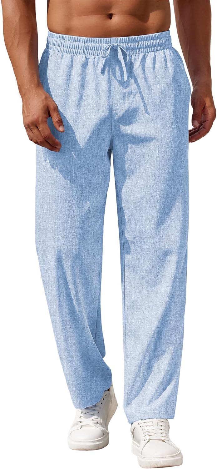 Mens Casual Pants Drawstring Elastic Waist Pants Linen Summer Beach Pants