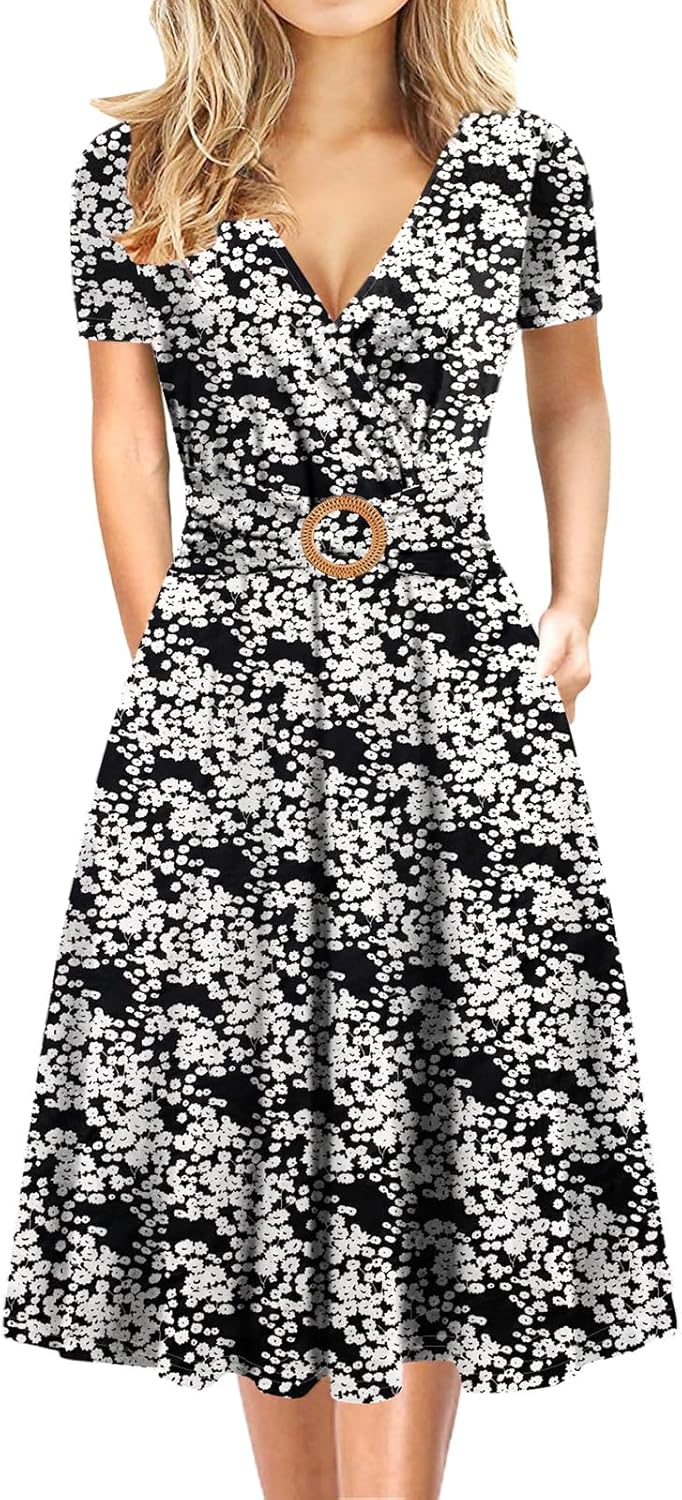 Women's Elegant Criss-Cross V Neck Vintage Short Sleeve Work Casual Fit and Flare Tea Dress with Pockets