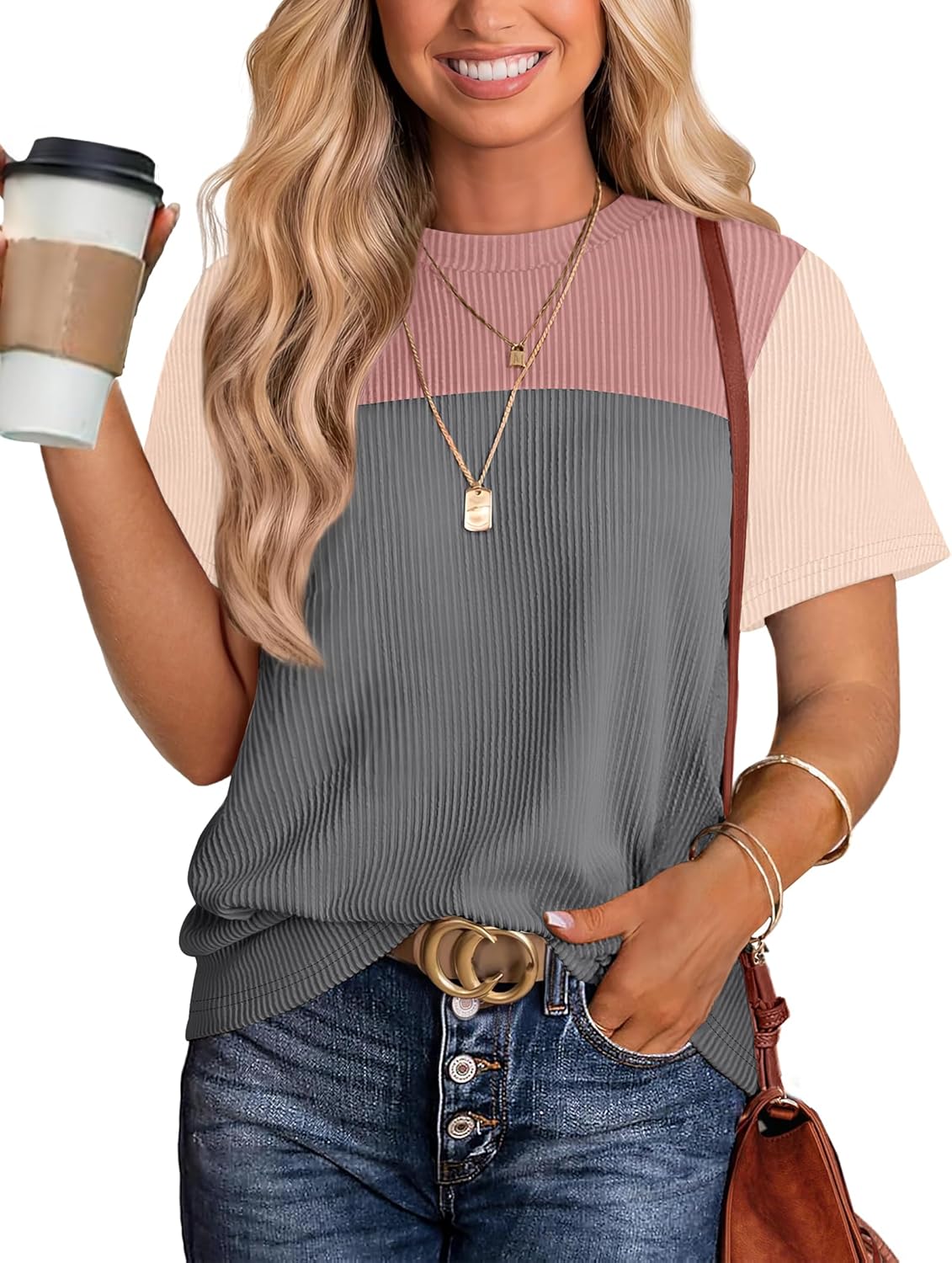 Womens Fashion 2025 Color Block Shirts Short Sleeve Crewneck Knitted Spring Summer Tops Casual Trendy
