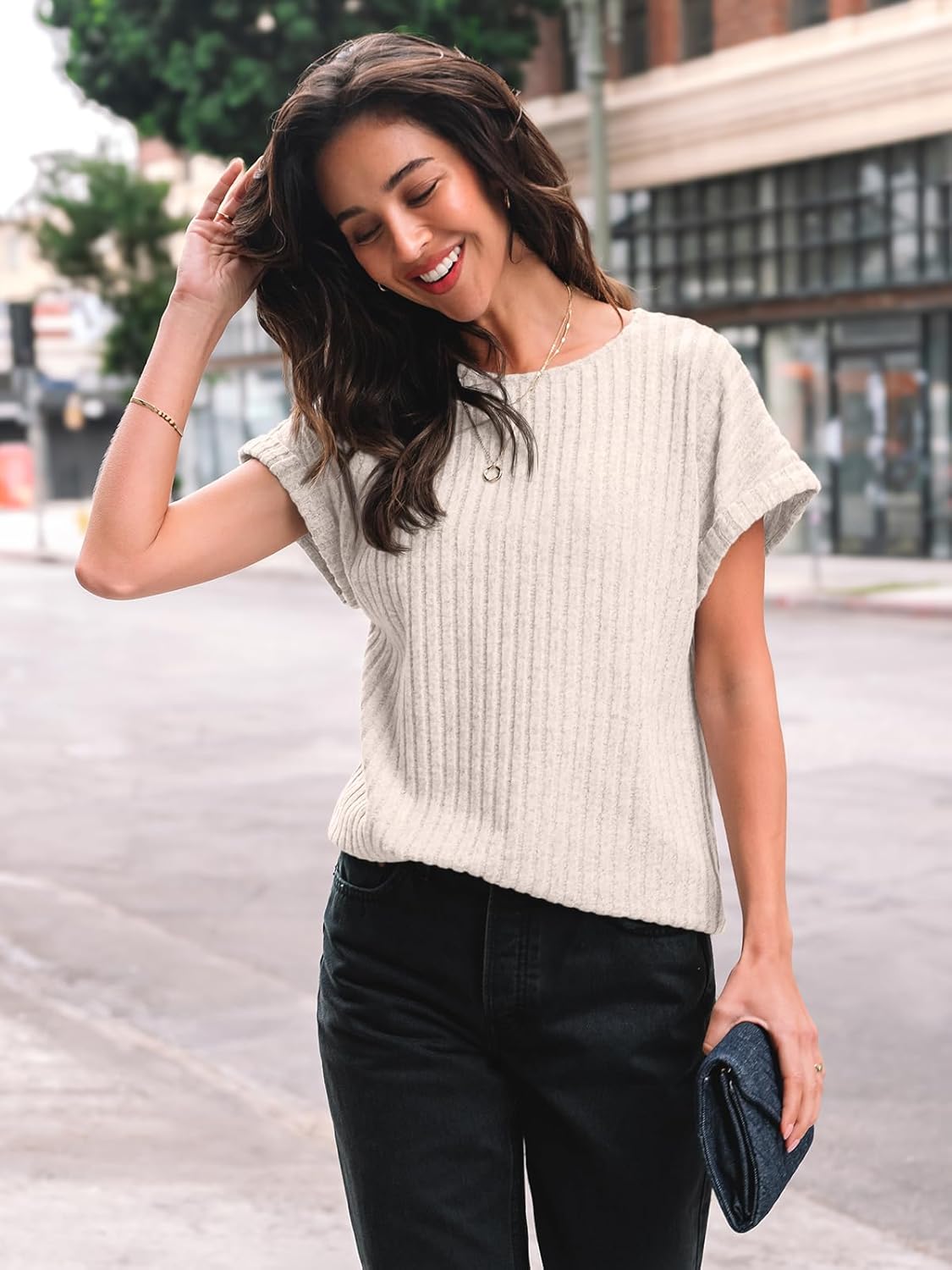 Women Shirts Fall Sweaters Regular Fit Short Sleeve Tunic Tops 2025 Dressy Casual Business Blouses