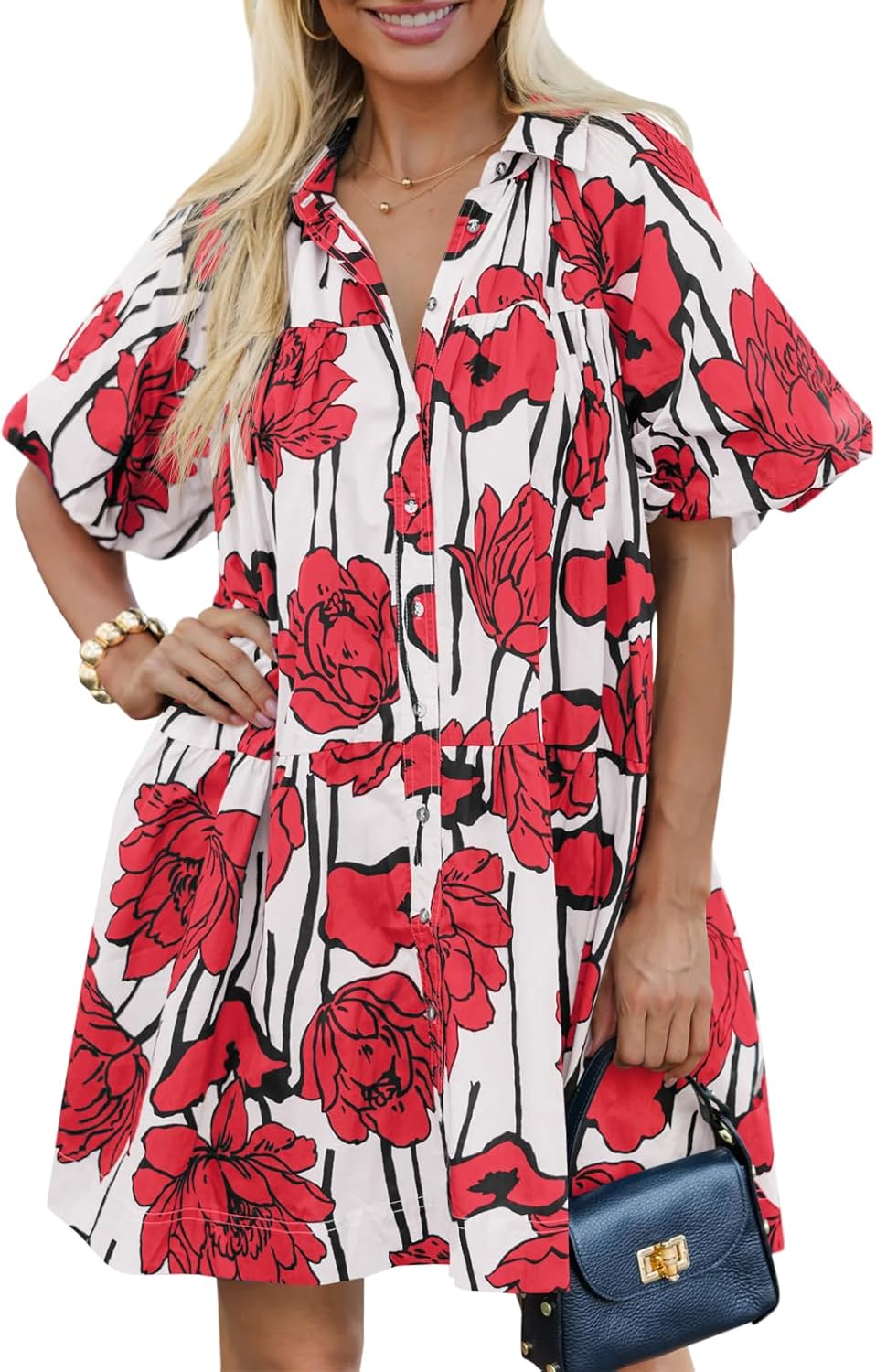 Women's Summer Button Down Shirt Dress Floral Puff Short Sleeve Casual Loose Fit Beach Mini Dresses