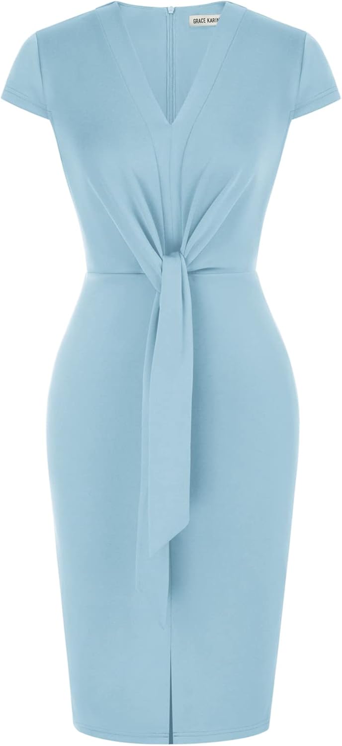 Women's Summer Midi Dresses Cap Sleeve Tie Waist Work Dress Slit V-Neck Bodycon Dress Business Casual Outfits